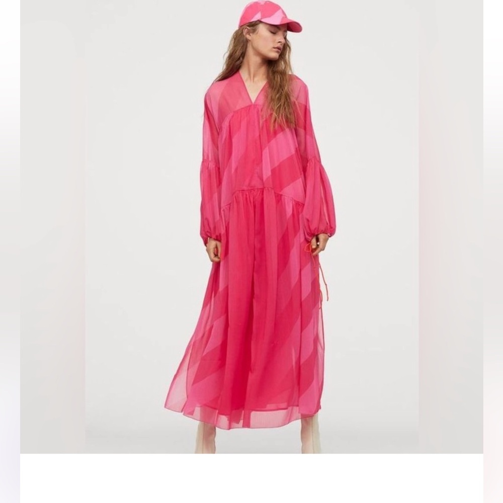 H&M Studio Vibrant Pink Striped Chiffon Tunic/Dress Size XL